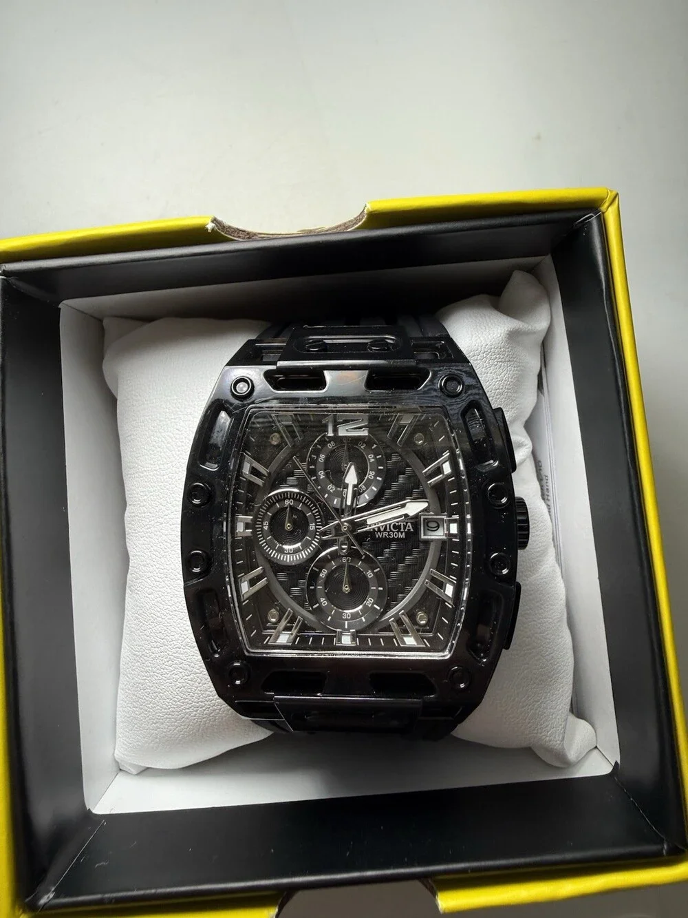 Invicta Men’s Black Tonneau Chronograph Watch 30M Rubber Strap New w/ Box Tag